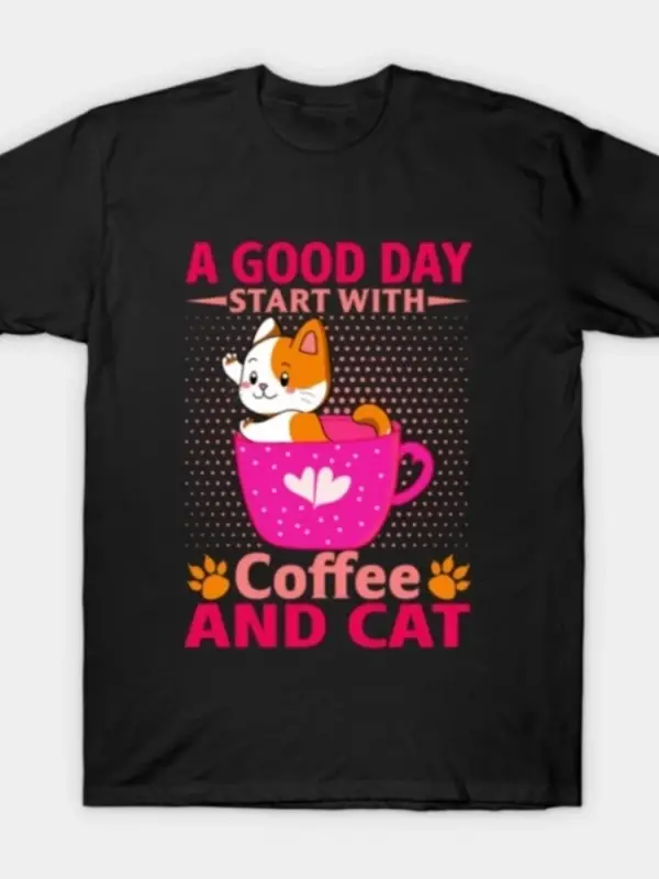 İyi Bir Gün Kahve ve Kediyle Başlar Komik Kedi Severler İçin Tişört Erkek Kadın %100 Pamuk Ti