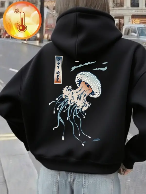 Japon Harajuku Denizanası Baskılar Hoodie Kadın Temelleri Sportif Kazak Sokak Cep Kazak Kış P