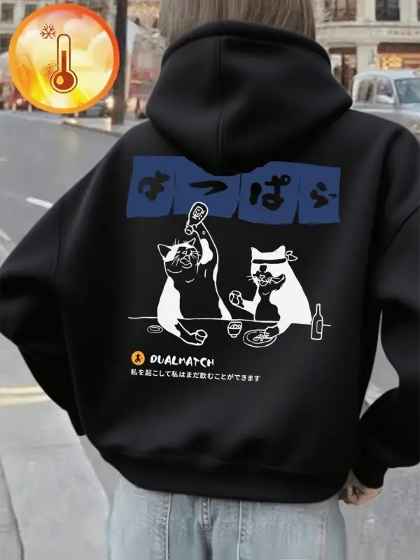 Japon Retro Kedi Baskılı Kapüşonlular Bayanlar Kış Polar Sıcak Tişörtü Gevşek Cep Kazaklar Ra