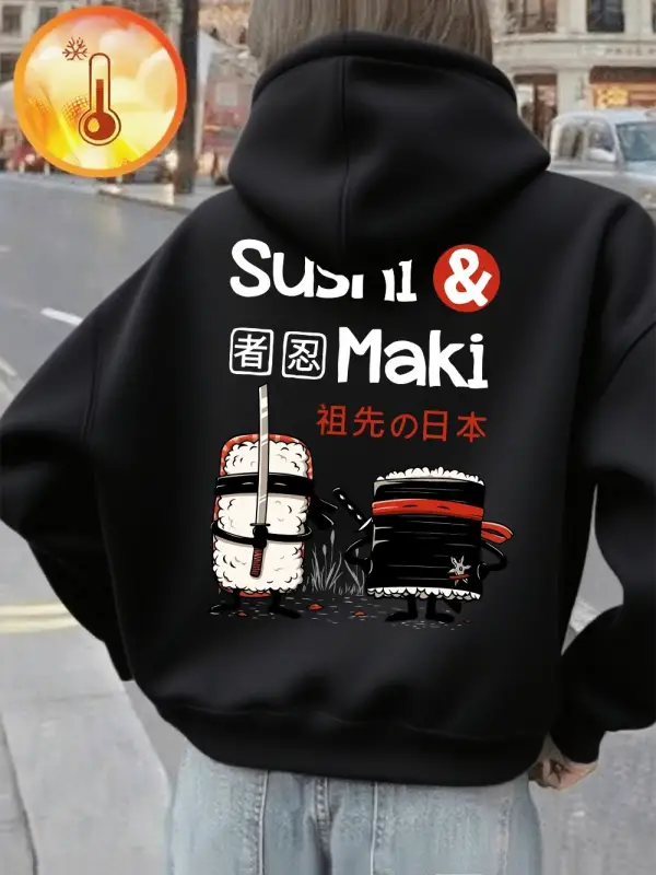 Japon suşi maki baskılar kapüşonlular kadın sonbahar kış polar sıcak kazak temelleri cep kaza
