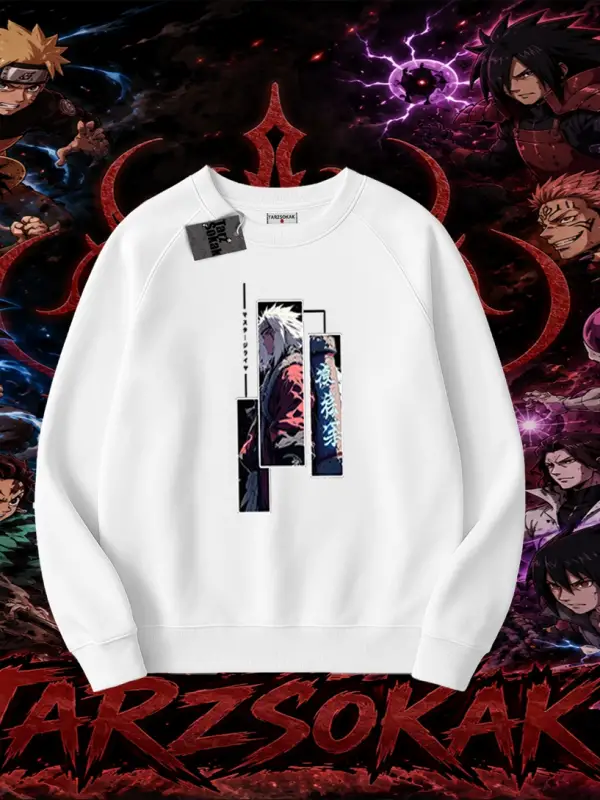 Jiraiya Naruto Anime Karakteri Oversize Unisex Bisiklet Yaka Sweatshirt Beyaz