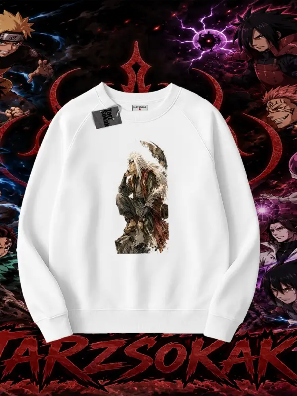 Jiraiya Naruto Anime Karakteri Oversize Unisex Bisiklet Yaka Sweatshirt Beyaz