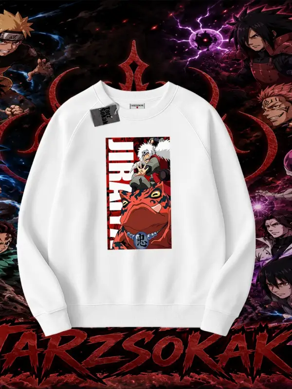 Jiraiya Naruto Anime Karakteri Oversize Unisex Bisiklet Yaka Sweatshirt Beyaz