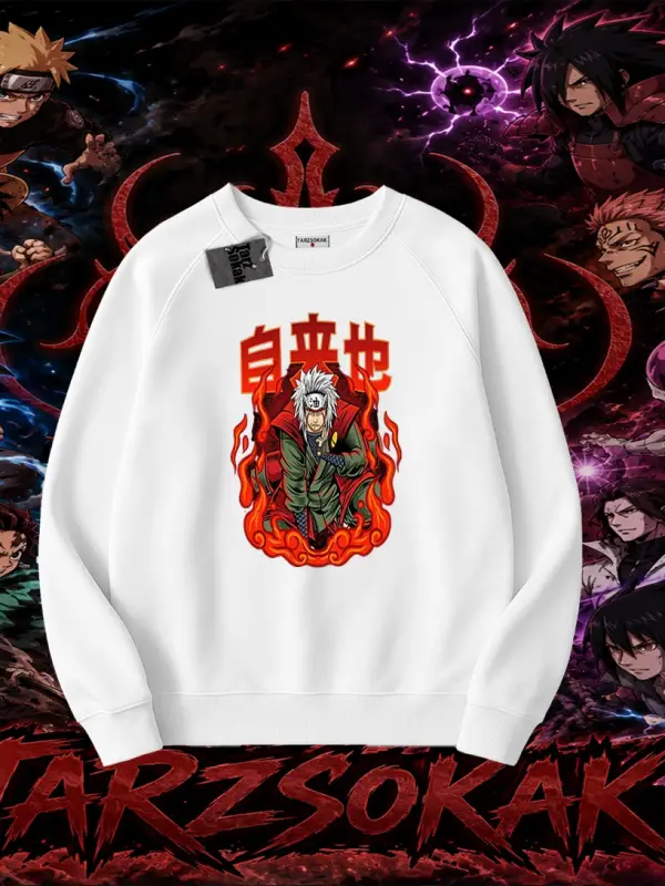 Jiraiya Naruto Anime Karakteri Oversize Unisex Bisiklet Yaka Sweatshirt Beyaz