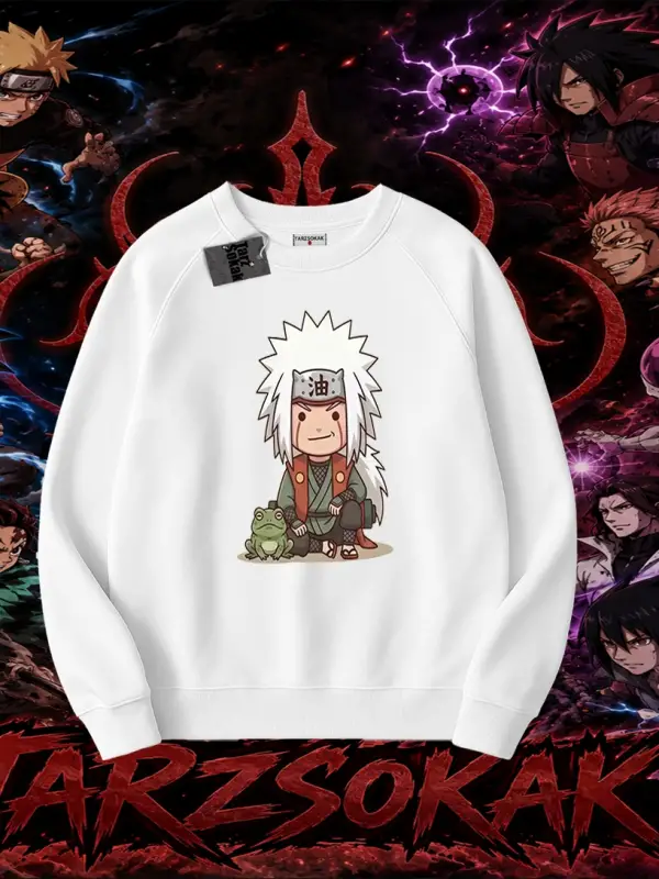 Jiraiya Naruto Anime Karakteri Oversize Unisex Bisiklet Yaka Sweatshirt Beyaz