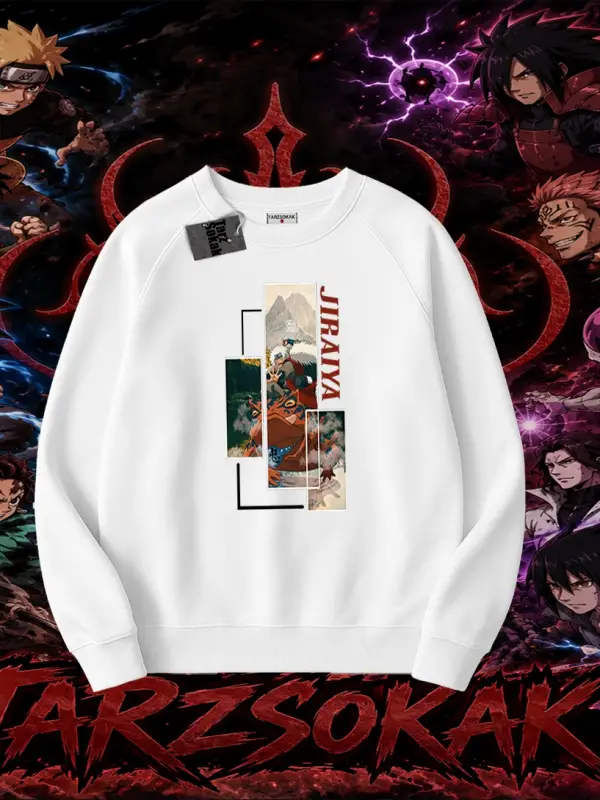 Jiraiya Naruto Anime Karakteri Oversize Unisex Bisiklet Yaka Sweatshirt Beyaz