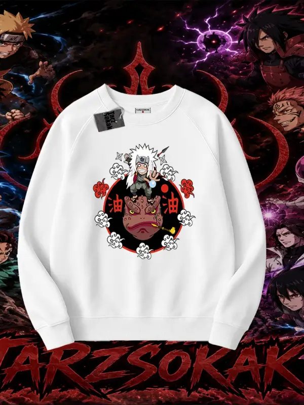 Jiraiya Naruto Anime Karakteri Oversize Unisex Bisiklet Yaka Sweatshirt Beyaz