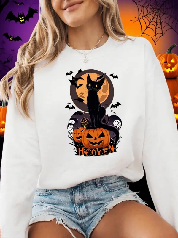 Kabak Cadılar Bayramı Atmosferinde Baskı Kazak Bayan Crewneck Rahat Hoodie Gevşek Polar Sıcak