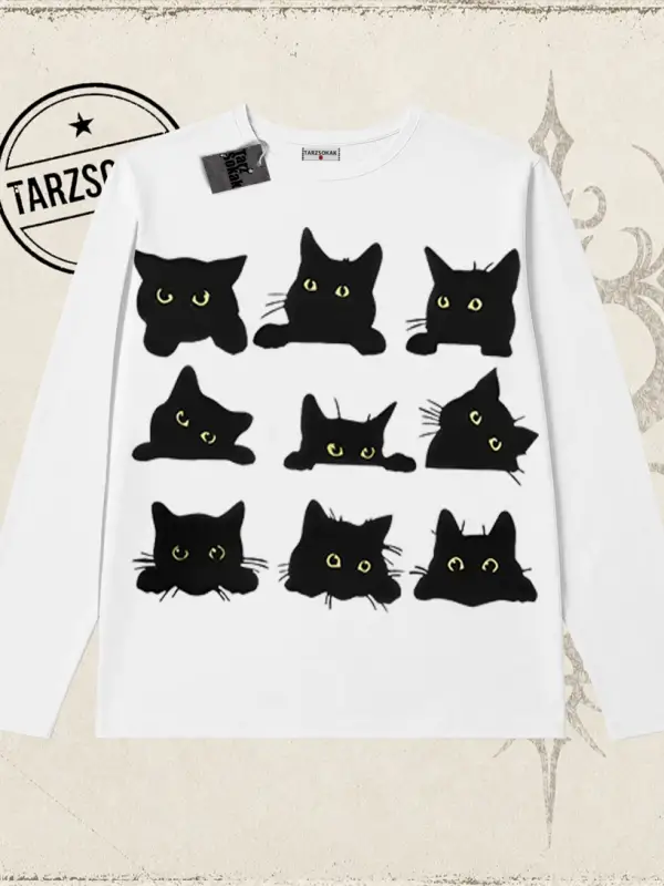 Kadın Black Cats Biskilet Yaka  Long Sleeve Beyaz