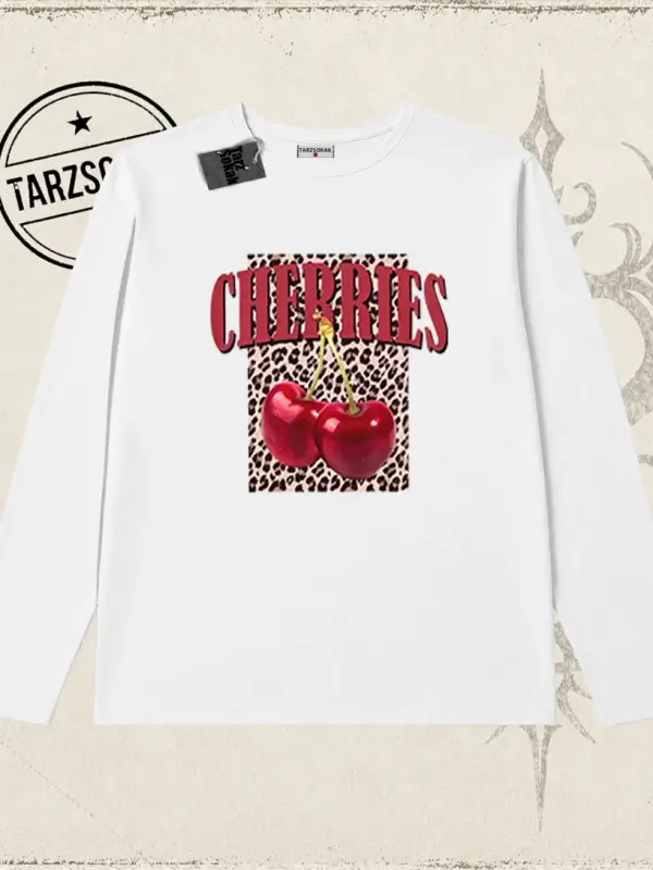 Kadın Cherries Leopar Biskilet Yaka  Long Sleeve Beyaz