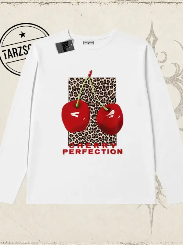Kadın Cherry Perfection Leopar Biskilet Yaka  Long Sleeve Beyaz