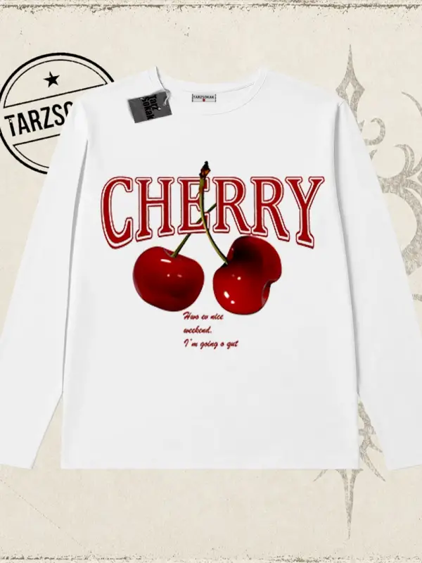 Kadın Have a Nice Weekend Cherry Biskilet Yaka  Long Sleeve Beyaz