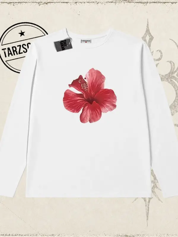 Kadın Hibiscus Biskilet Yaka  Long Sleeve Beyaz