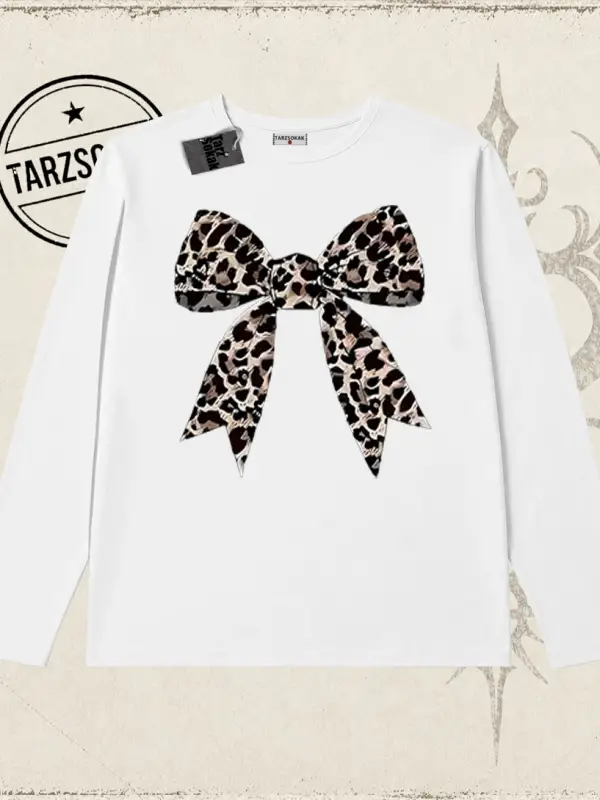 Kadın Leopar Kurdele Biskilet Yaka  Long Sleeve Beyaz