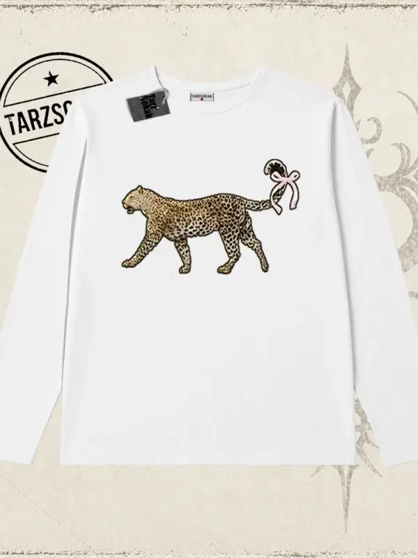 Kadın Leopar Kuyruk Kurdele Biskilet Yaka  Long Sleeve Beyaz