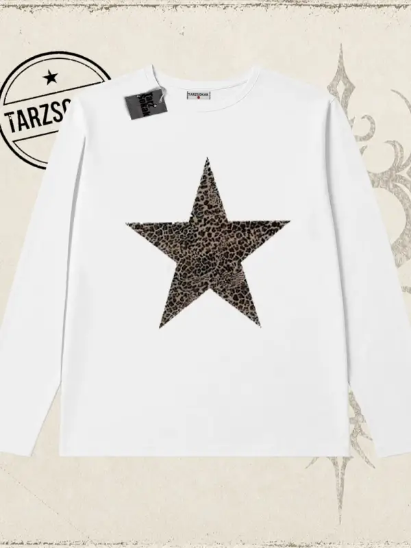 Kadın Leopar Yıldız Biskilet Yaka  Long Sleeve Beyaz
