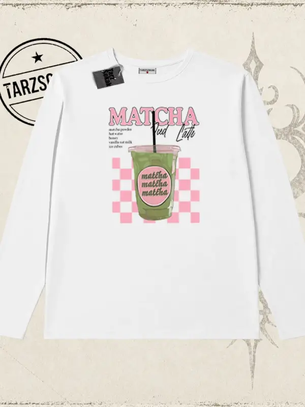 Kadın Matcha iced Latte Biskilet Yaka  Long Sleeve Beyaz