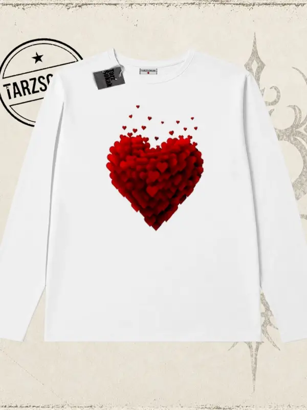 Kadın Minik Kalp Biskilet Yaka  Long Sleeve Beyaz