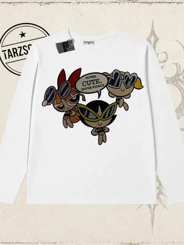 Kadın Powerpuff Girls Super Cutes Biskilet Yaka  Long Sleeve Beyaz