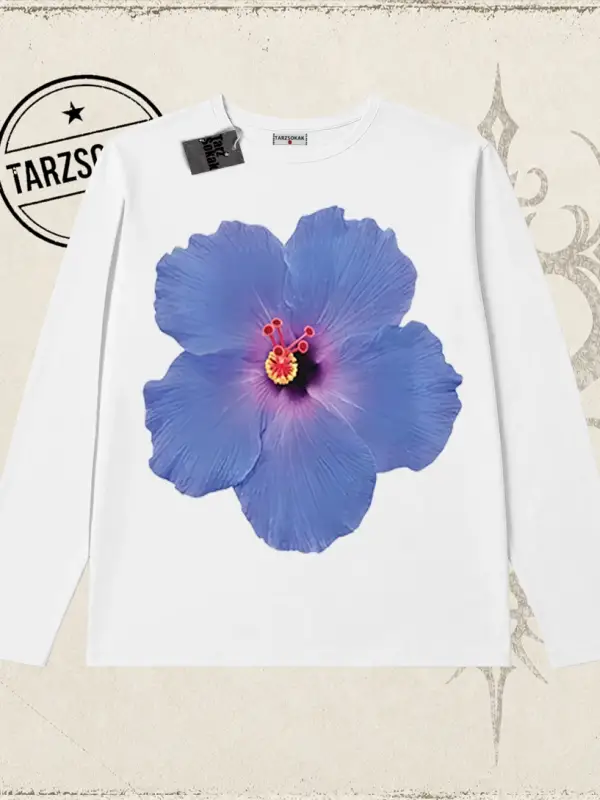 Kadın Purple Hibiscus Biskilet Yaka  Long Sleeve Beyaz