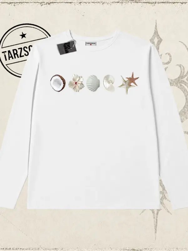 Kadın Sea Shells Biskilet Yaka  Long Sleeve Beyaz