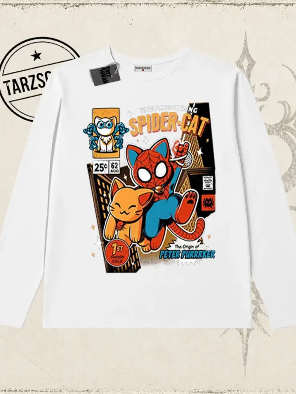 Kadın Spider Cat Biskilet Yaka  Long Sleeve Beyaz