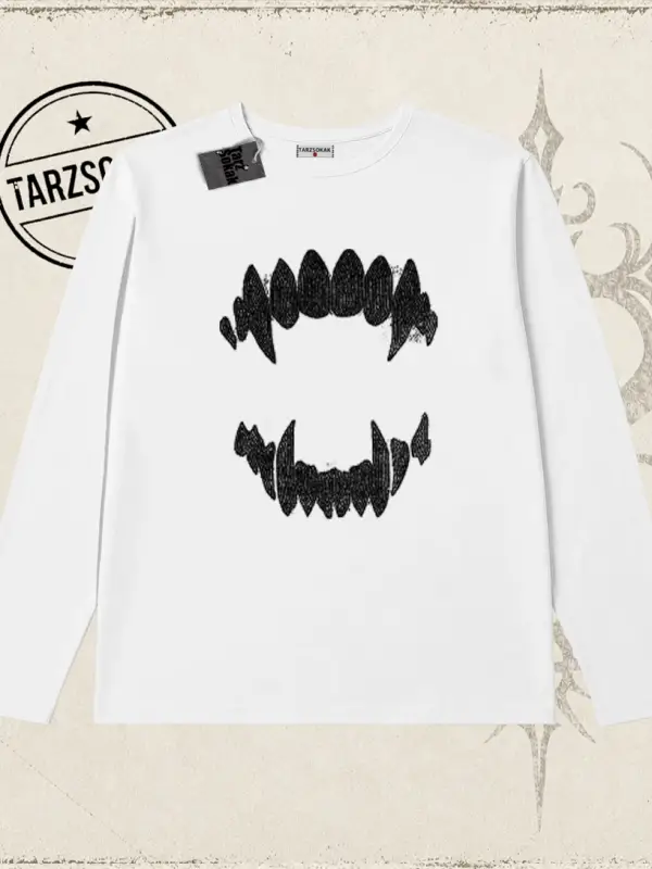 Kadın Teeth Biskilet Yaka  Long Sleeve Beyaz
