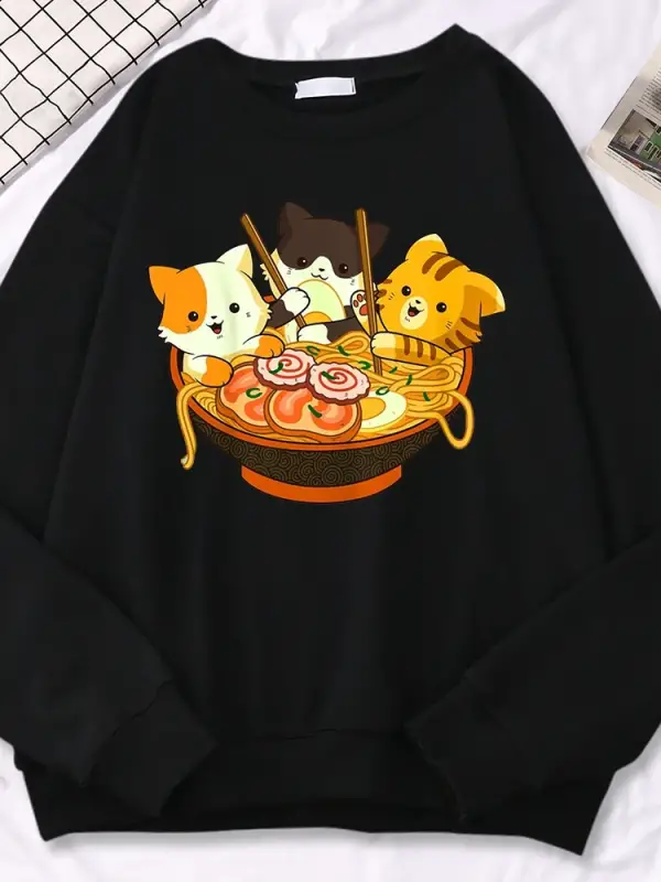 Kadınlar için basit Kawaii kazak Anime kediler yeme japon Ramen erişte baskı Hoodies gevşek s