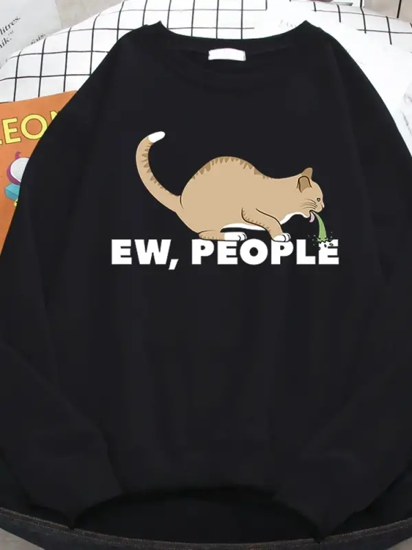 Kadınlar Için rahat Sonbahar Kazak Ew İnsanlar Komik Kusma Kedi Baskı Hoodies Crewneck Gevşek