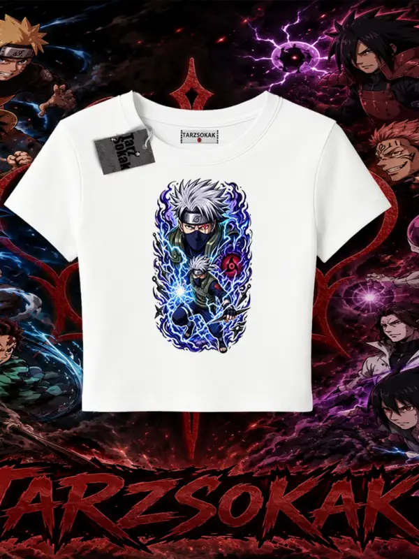 Kakashi Hatake Naruto Anime Karakteri Kadın Baby Tee Beyaz