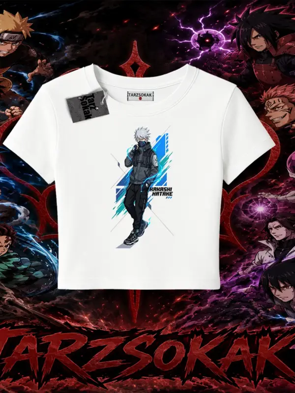 Kakashi Hatake Naruto Anime Karakteri Kadın Baby Tee Beyaz