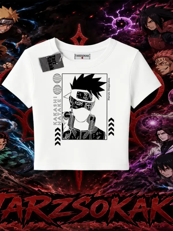 Kakashi Hatake Naruto Anime Karakteri Kadın Baby Tee Beyaz