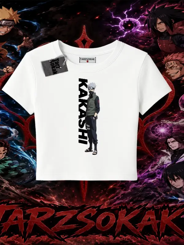 Kakashi Hatake Naruto Anime Karakteri Kadın Baby Tee Beyaz