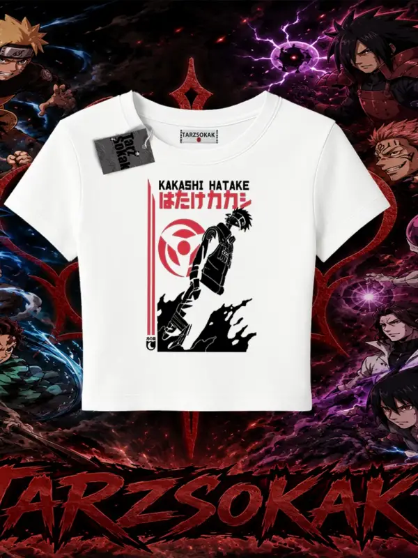 Kakashi Hatake Naruto Anime Karakteri Kadın Baby Tee Beyaz