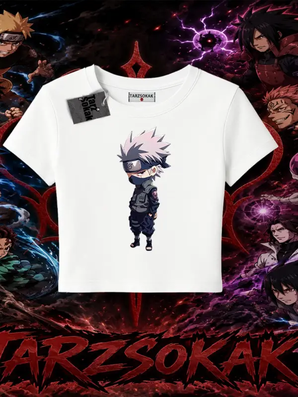 Kakashi Hatake Naruto Anime Karakteri Kadın Baby Tee Beyaz