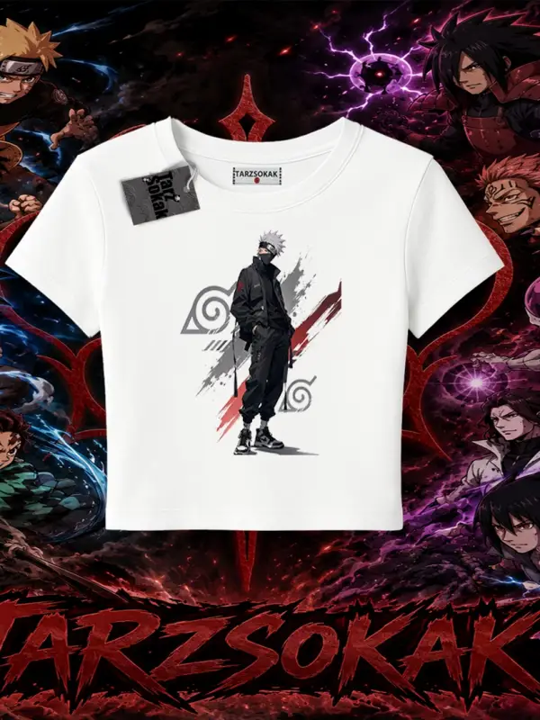 Kakashi Hatake Naruto Anime Karakteri Kadın Baby Tee Beyaz