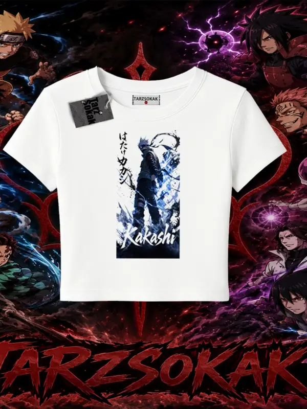 Kakashi Hatake Naruto Anime Karakteri Kadın Baby Tee Beyaz