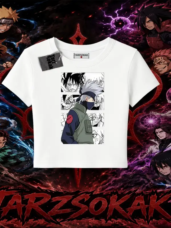 Kakashi Hatake Naruto Anime Karakteri Kadın Baby Tee Beyaz