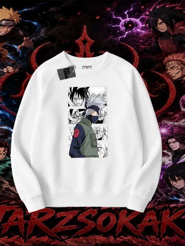 Kakashi Hatake Naruto Anime Karakteri Oversize Unisex Bisiklet Yaka Sweatshirt Beyaz