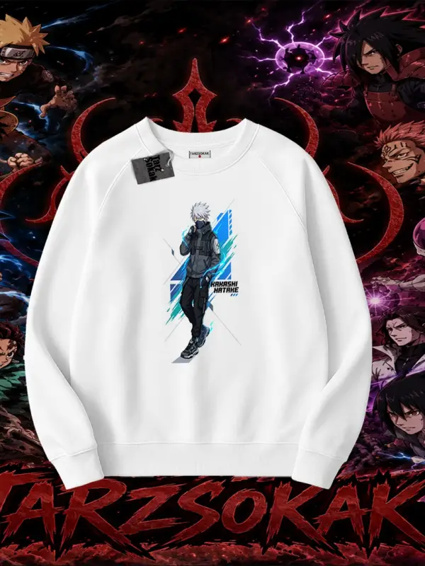 Kakashi Hatake Naruto Anime Karakteri Oversize Unisex Bisiklet Yaka Sweatshirt Beyaz