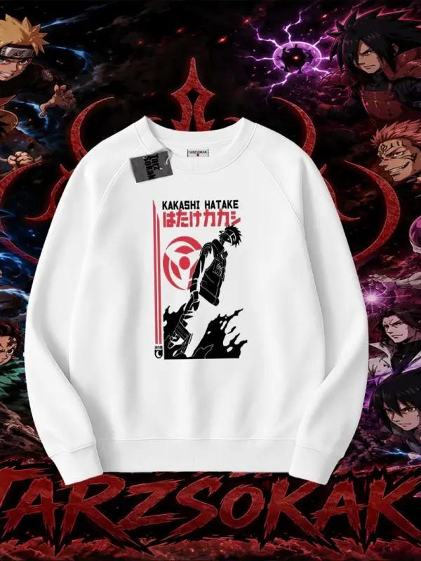 Kakashi Hatake Naruto Anime Karakteri Oversize Unisex Bisiklet Yaka Sweatshirt Beyaz