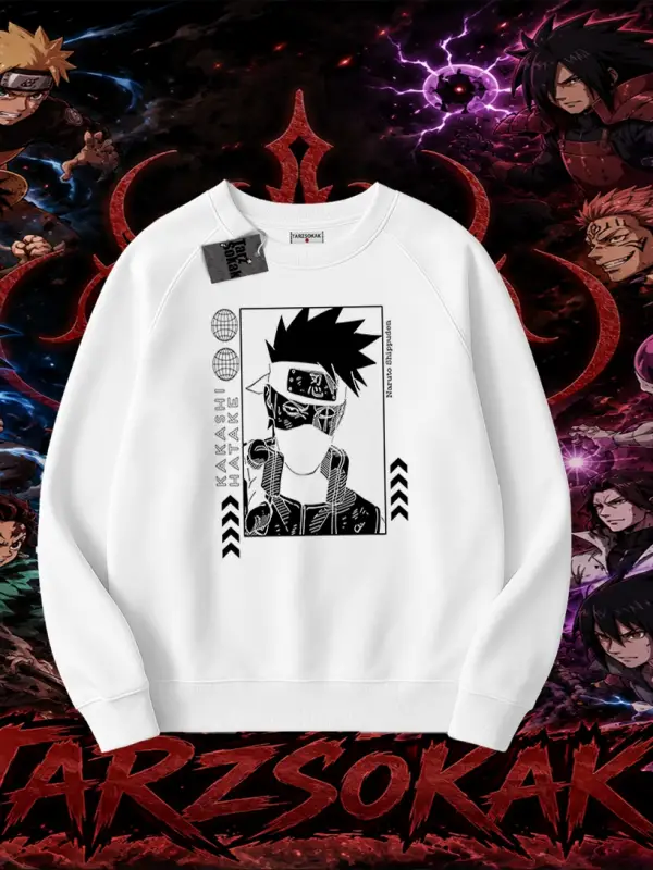 Kakashi Hatake Naruto Anime Karakteri Oversize Unisex Bisiklet Yaka Sweatshirt Beyaz