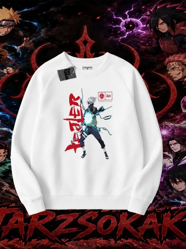 Kakashi Hatake Naruto Anime Karakteri Oversize Unisex Bisiklet Yaka Sweatshirt Beyaz
