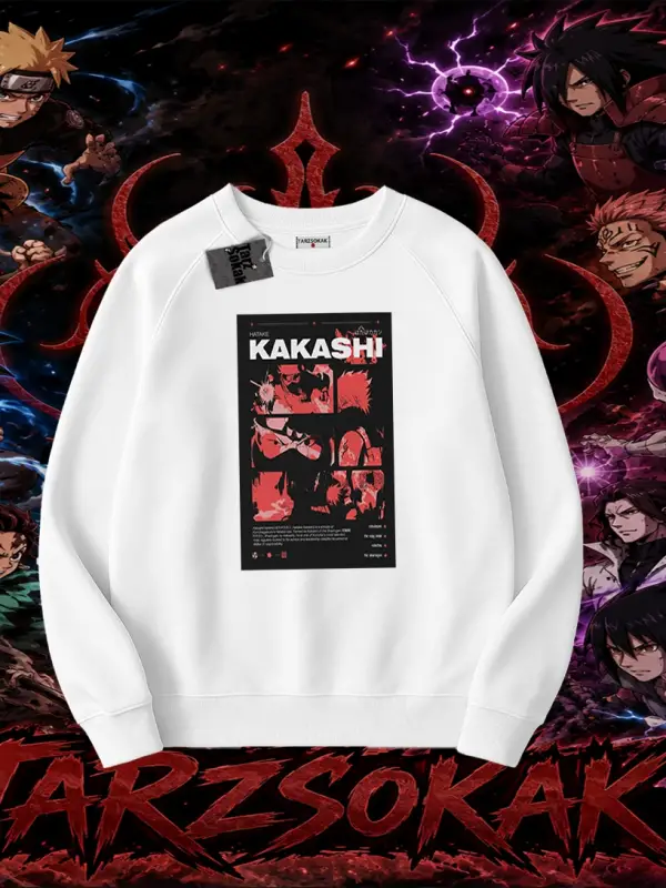 Kakashi Hatake Naruto Anime Karakteri Oversize Unisex Bisiklet Yaka Sweatshirt Beyaz