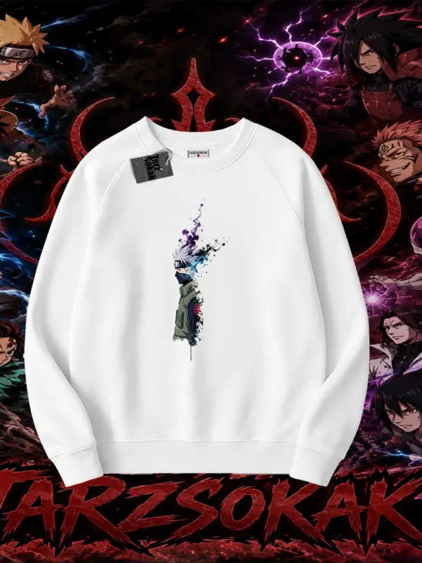 Kakashi Hatake Naruto Anime Karakteri Oversize Unisex Bisiklet Yaka Sweatshirt Beyaz