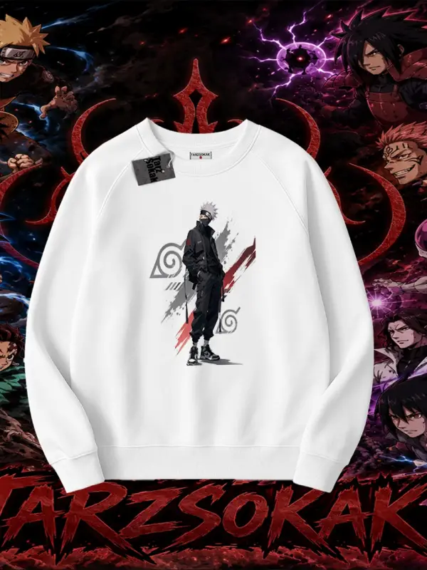 Kakashi Hatake Naruto Anime Karakteri Oversize Unisex Bisiklet Yaka Sweatshirt Beyaz
