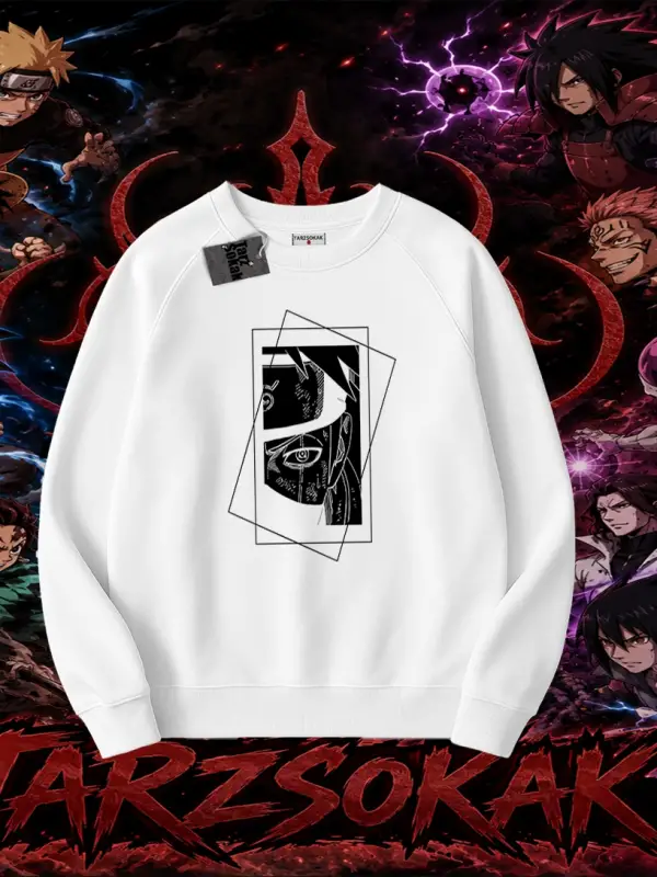 Kakashi Hatake Naruto Anime Karakteri Oversize Unisex Bisiklet Yaka Sweatshirt Beyaz