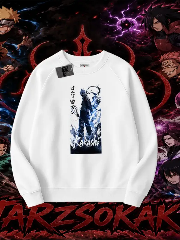 Kakashi Hatake Naruto Anime Karakteri Oversize Unisex Bisiklet Yaka Sweatshirt Beyaz