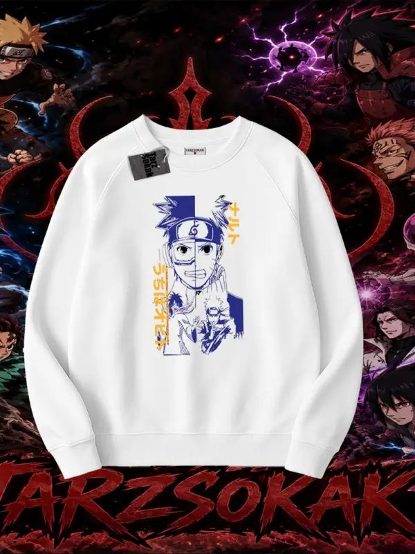 Kakashi Hatake Naruto Anime Karakteri Oversize Unisex Bisiklet Yaka Sweatshirt Beyaz