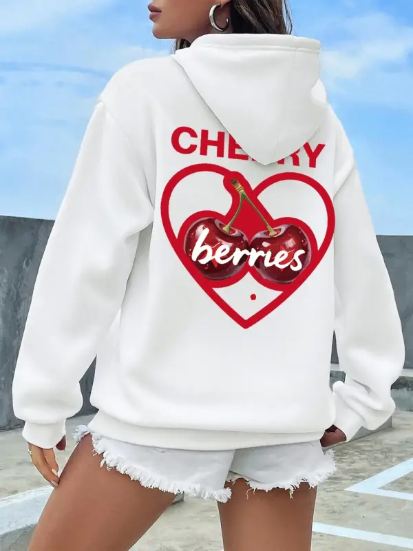 Kalp iki kirazden yapılmış baskılar Hoodie kadın kış polar sıcak kazak rahat cep kazak rahat